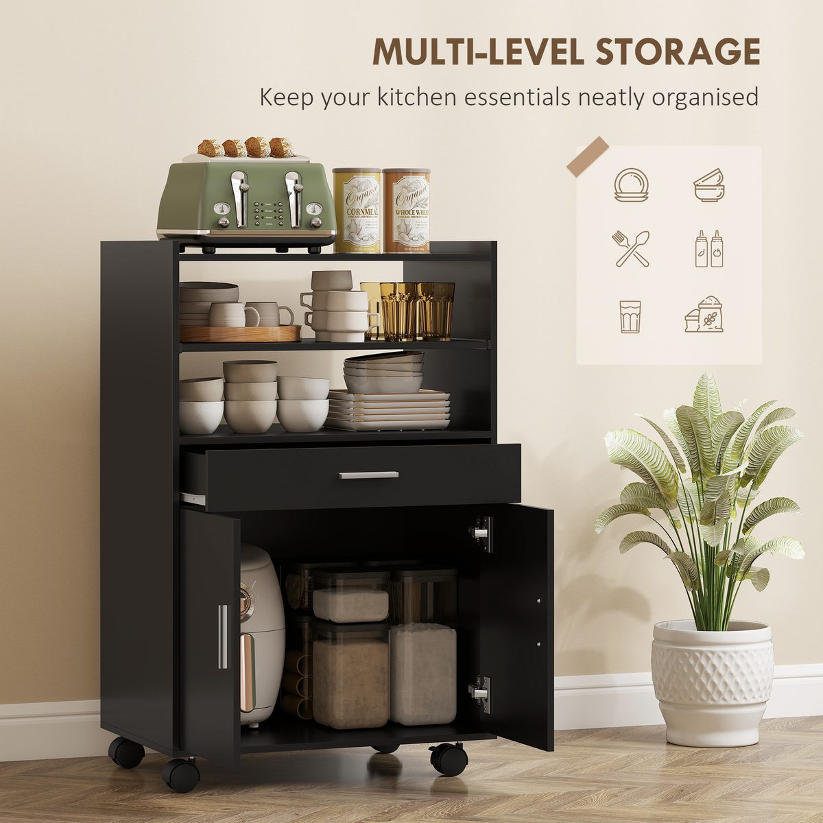  Microwave Cart with Wheels, Microwave Stand with Worktop, Open Shelves and Drawer, Storage Cabinet, Black