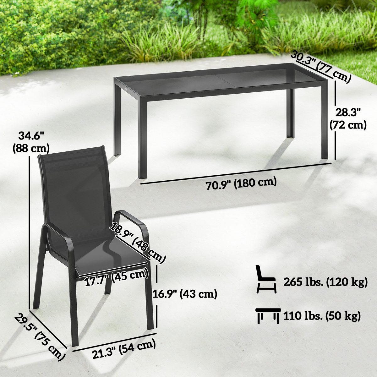  9 Pieces Patio Set with Stackable Chairs, Patio Dining Set with Glass Top for Garden, Patio, Backyard, Black