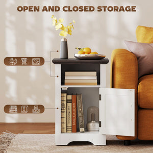  Set of 2 Side Tables with Barn Door and Open Shelf, Farmhouse End Tables with Cabinet, Nightstands for Living Room