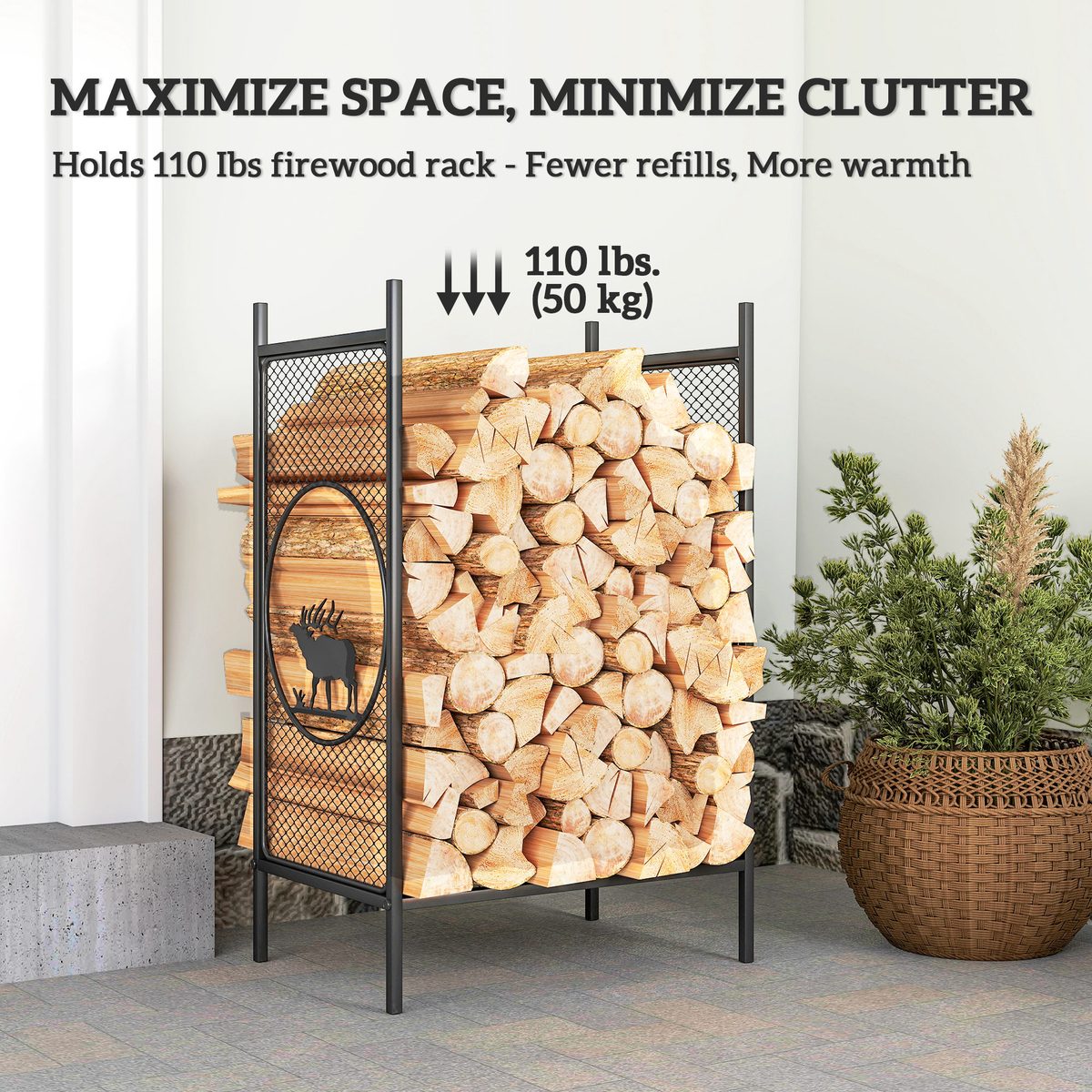 Firewood Rack Outdoor, 19" Heavy Duty Metal Fireplace Log Holder with Mesh Sides and Decorative Deer Patterns