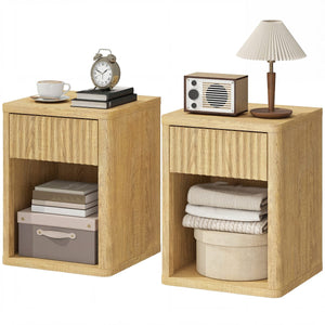  Nightstand with Drawer and Open Shelf, Modern Bedside Table Set of 2 for Bedroom Living Room, Oak