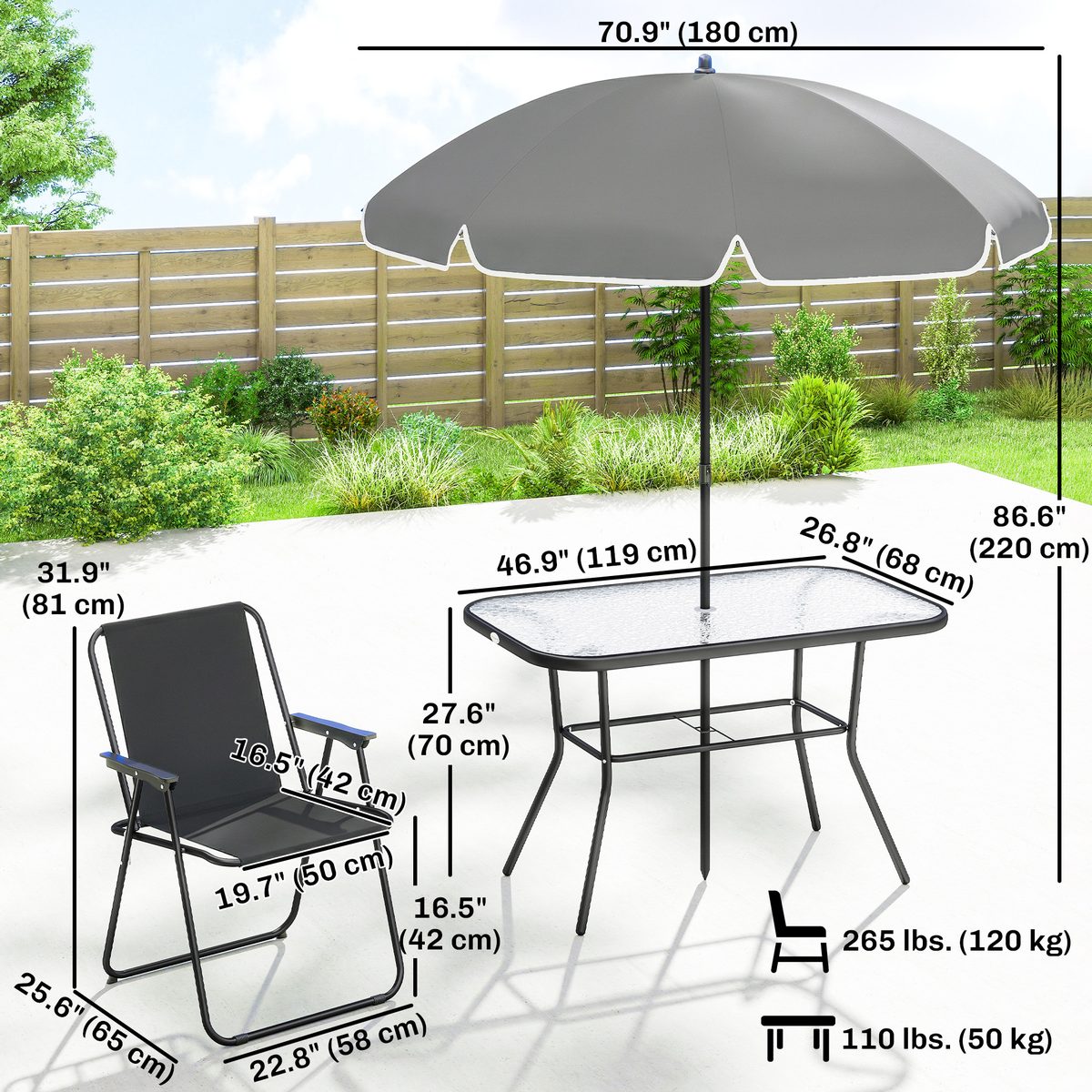  8 Piece Patio Table and Chairs Set with Folding Chairs, Tempered Glass Tabletop and Umbrella for Garden, Black