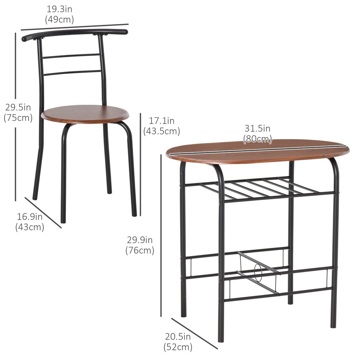  Dining Table Set of 3, 31.5" Kitchen Table and Chairs Set for 2 with Shelf, for Small Space, Dining Room, Living Room