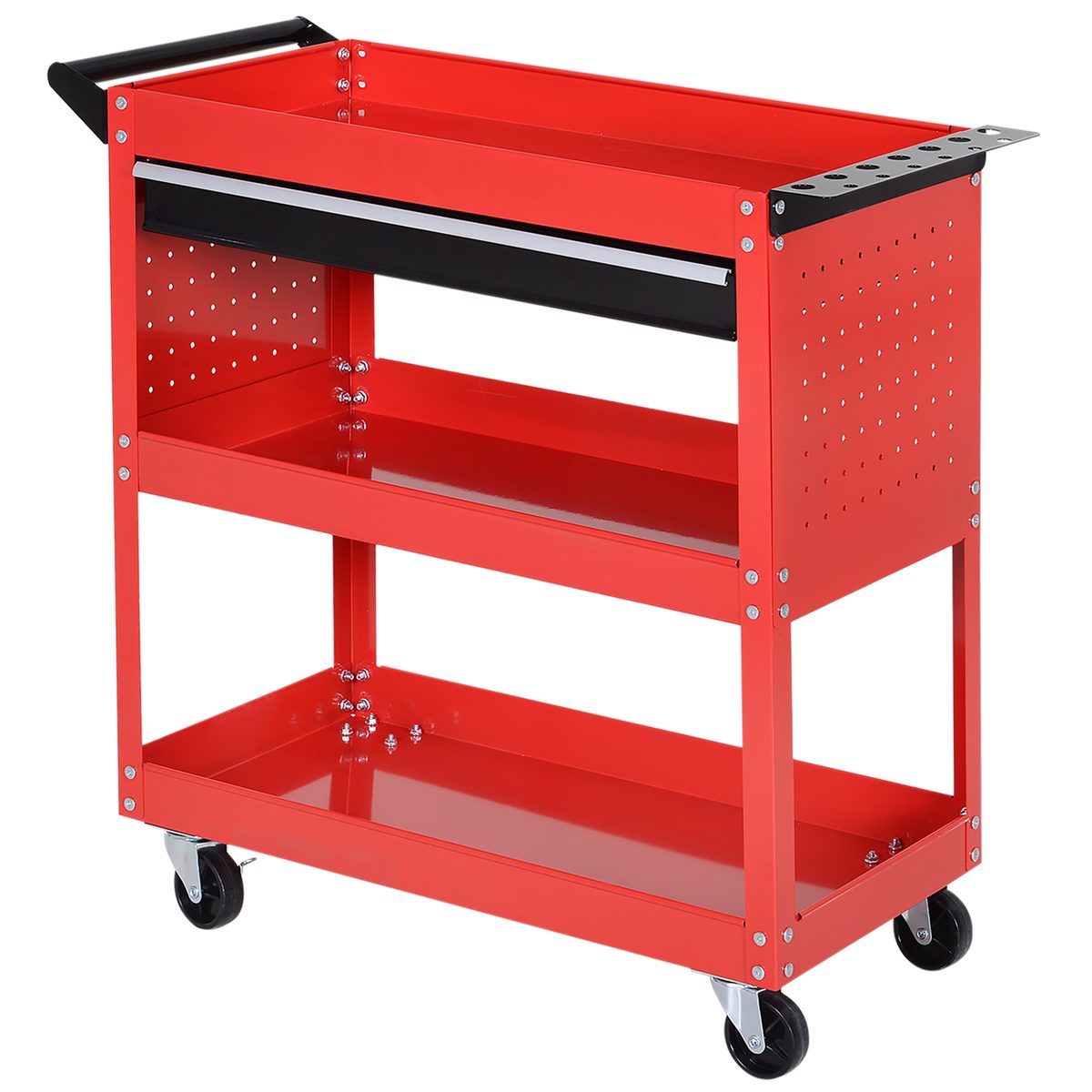  Tool Cart on Wheels, Utility Cart with Wheels, Ball Bearing Drawer, Storage Trays for Garage, Warehouse, Workshop, Red