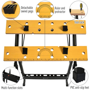  Foldable Work Bench w/ 4 Adjustable Clamps, Carpenter Saw Table, MDF Surface, Steel Frame, Portable Work Bench 100kg/220lbs Capacity, Black
