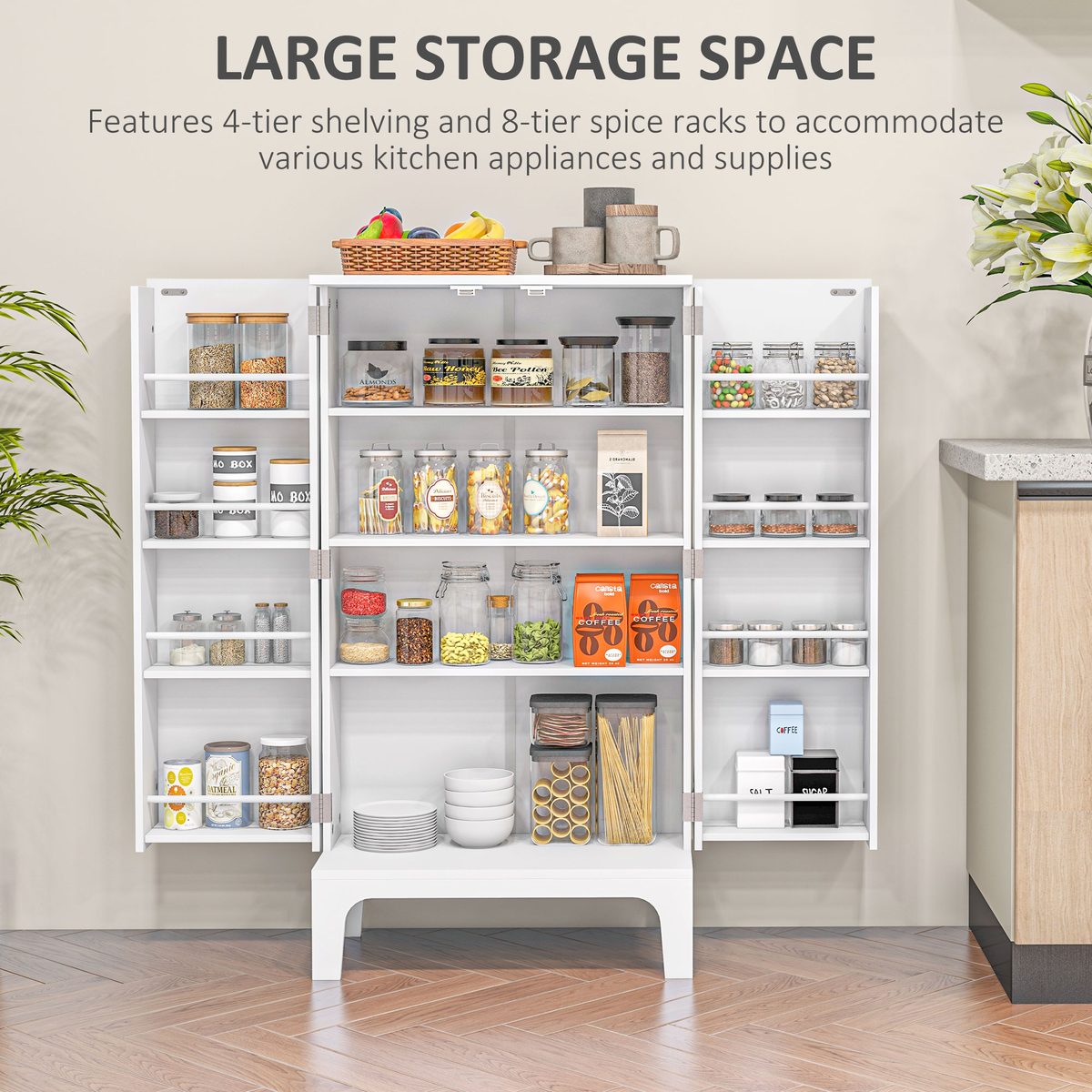  44" Storage Cabinet, 2-Door Kitchen Pantry Cabinet with 4-tier Shelving, 8 Spice Racks and Adjustable Shelves