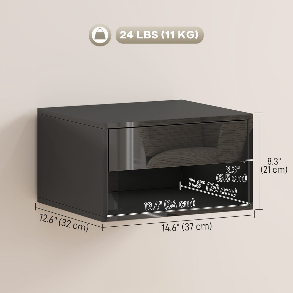  Floating Bedside Tables Set of 2, Wall-Mounted Nightstand, High Gloss Black