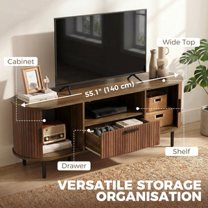  TV Stand for TVs up to 60", Modern Entertainment Center with Curved Sliding Doors and Storage, Brown