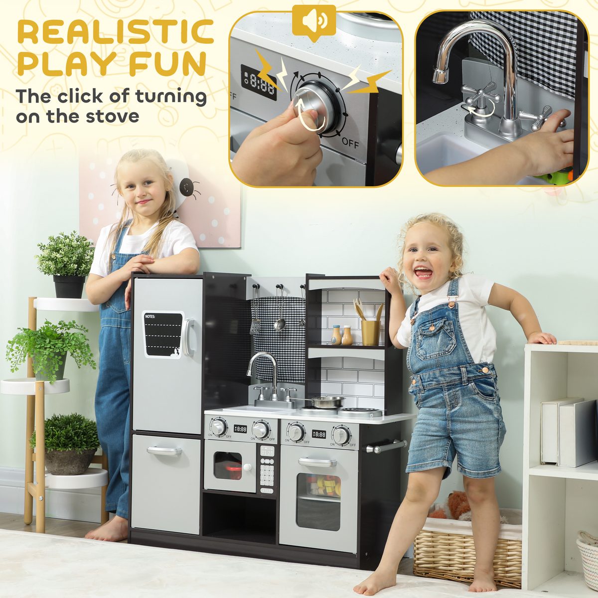 Qaba Play Kitchen for Kids, Pretend Kids Kitchen Playset with Switch Knob Sound, Accessories for Ages 3-8 Years, Dark Brown