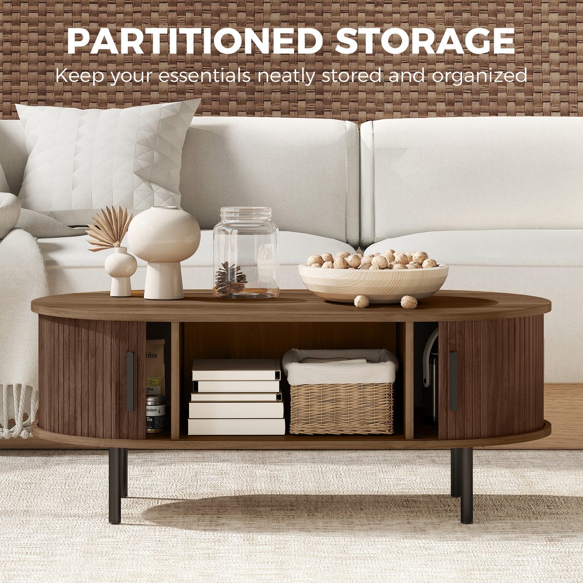  Coffee Table with Sliding Tambour Doors and Storage Center Table with Metal Legs, 39", Brown