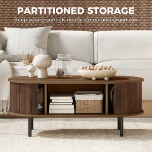  Coffee Table with Sliding Tambour Doors and Storage Center Table with Metal Legs, 39", Brown