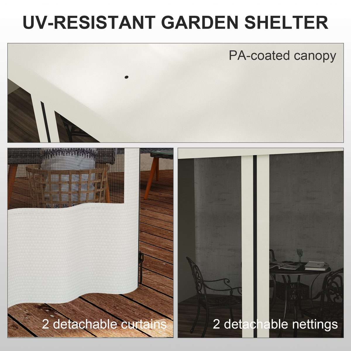 10' x 10' Wall Pergola, Outdoor Gazebo with 2 Curtains and 2 Nettings, UV Resistant, for Patio, Deck, Beige – view 5