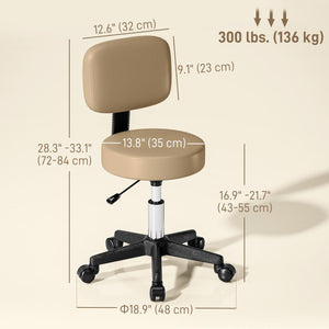  PU Leather Adjustable Rolling Stool, Round Swivel Drafting Stool with Back, Wheels, Light Brown