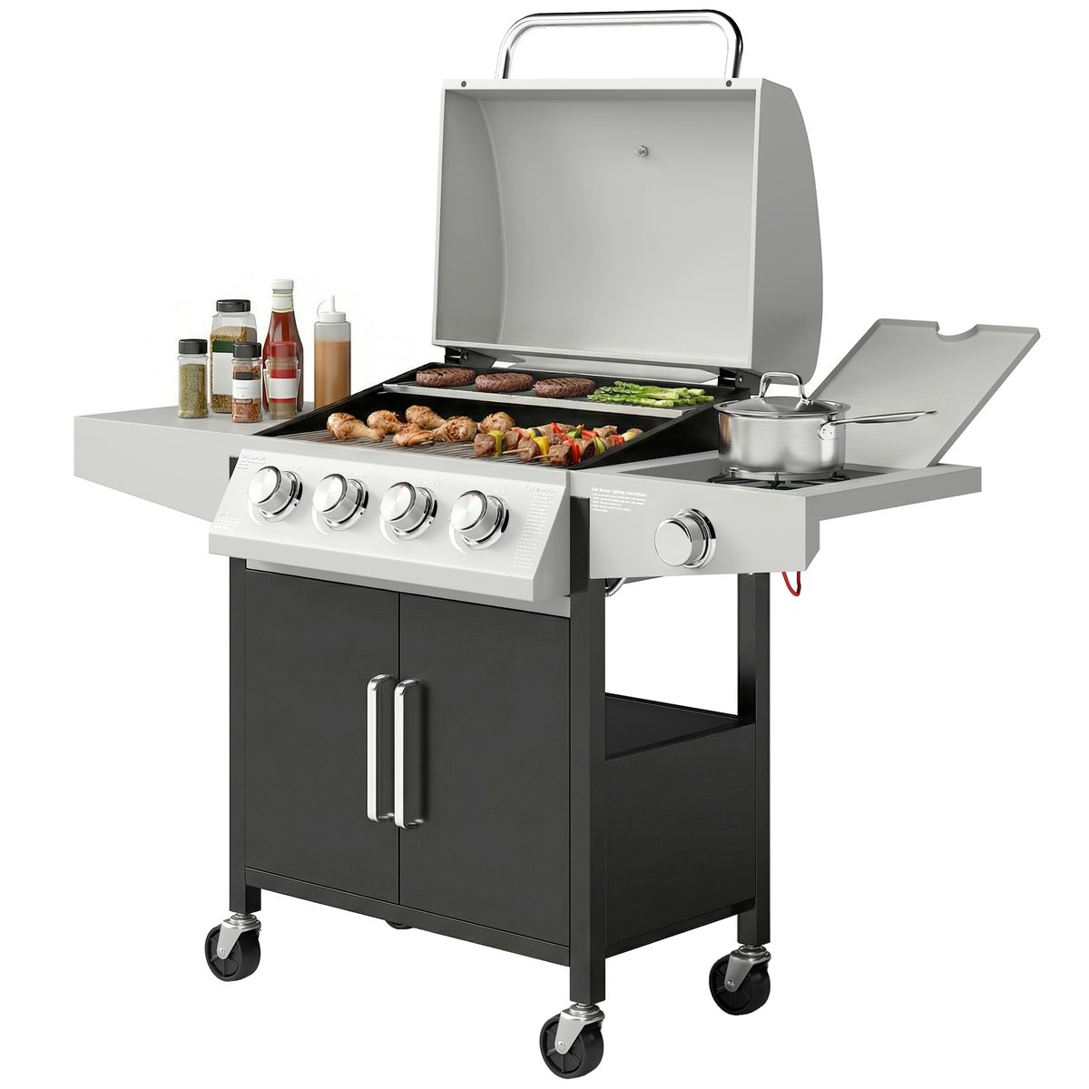  4+1 Burner Liquid Propane Gas Grill, Outdoor Portable BBQ Grill with Side Burner, Warming Rack, Side Shelf
