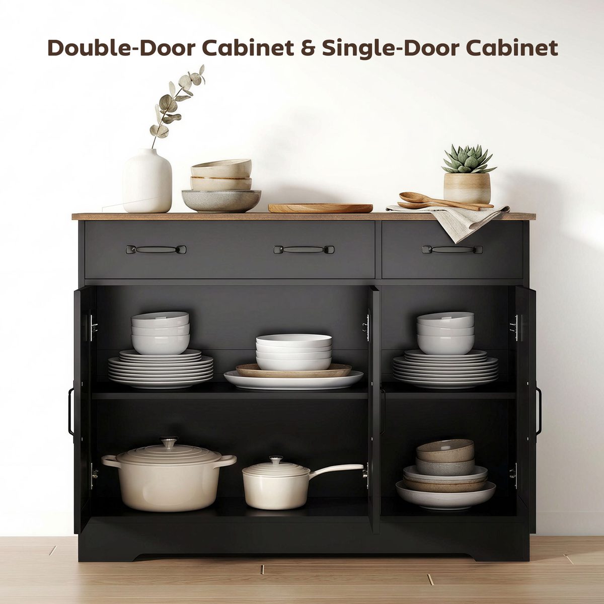  Sideboard Buffet Cabinet, 43" Farmhouse Kitchen Cabinet with 3 Barn Doors, 2 Drawers, 2 Adjustable Shelves, Black