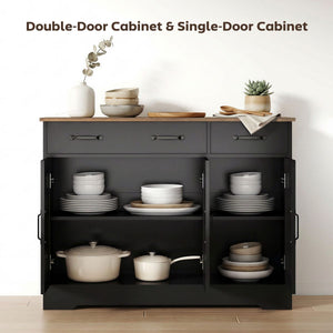  Sideboard Buffet Cabinet, 43" Farmhouse Kitchen Cabinet with 3 Barn Doors, 2 Drawers, 2 Adjustable Shelves, Black