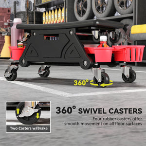  Rolling Garage Stool with Wheels, 300 LBS Capacity Padded Mechanic Stool with Tool Trays Storage, Black