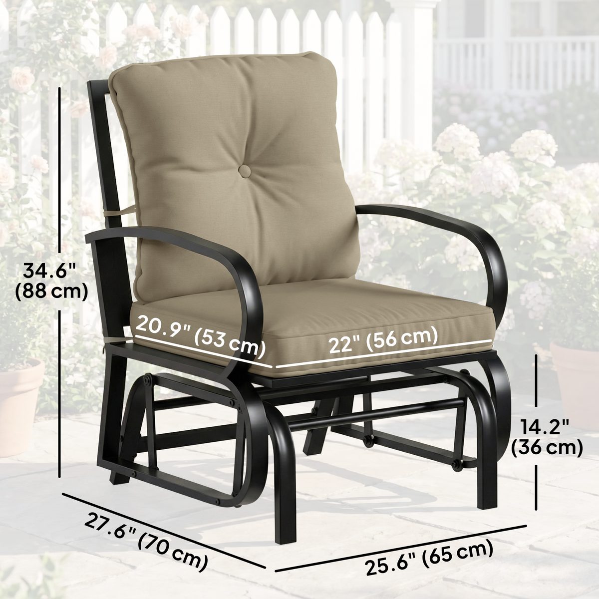  Patio Glider, Outdoor Glider Chair with Cushions, Steel Frame, Curved Armrests, Beige