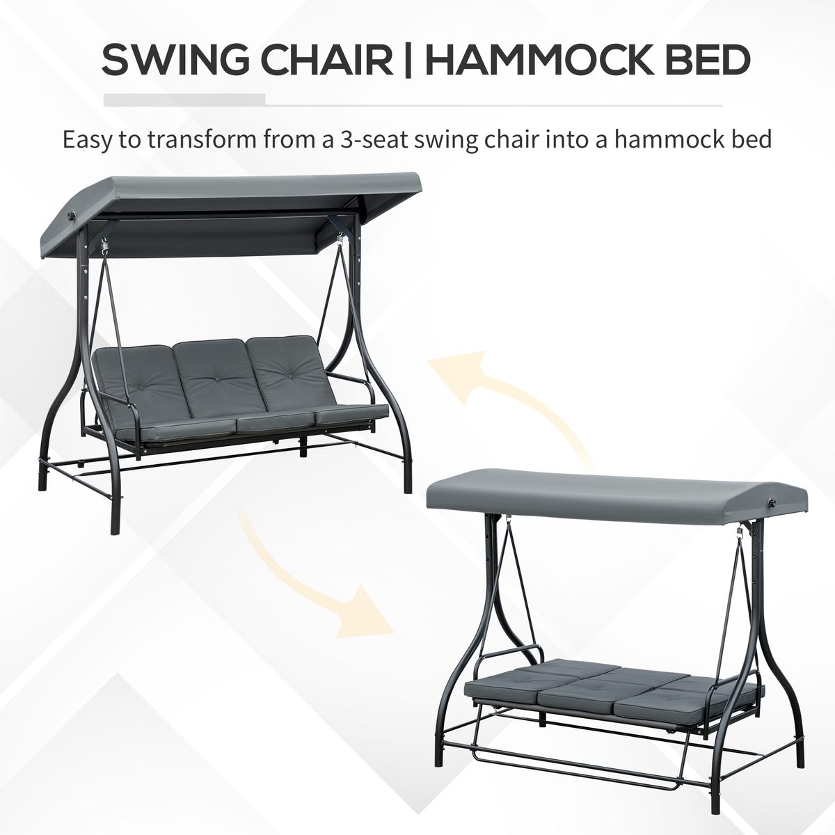  Convertible Patio Swing Bed with Canopy and Cushions, 3 Seater Porch Swing for Outdoor, Backyard, Garden, Dark Grey