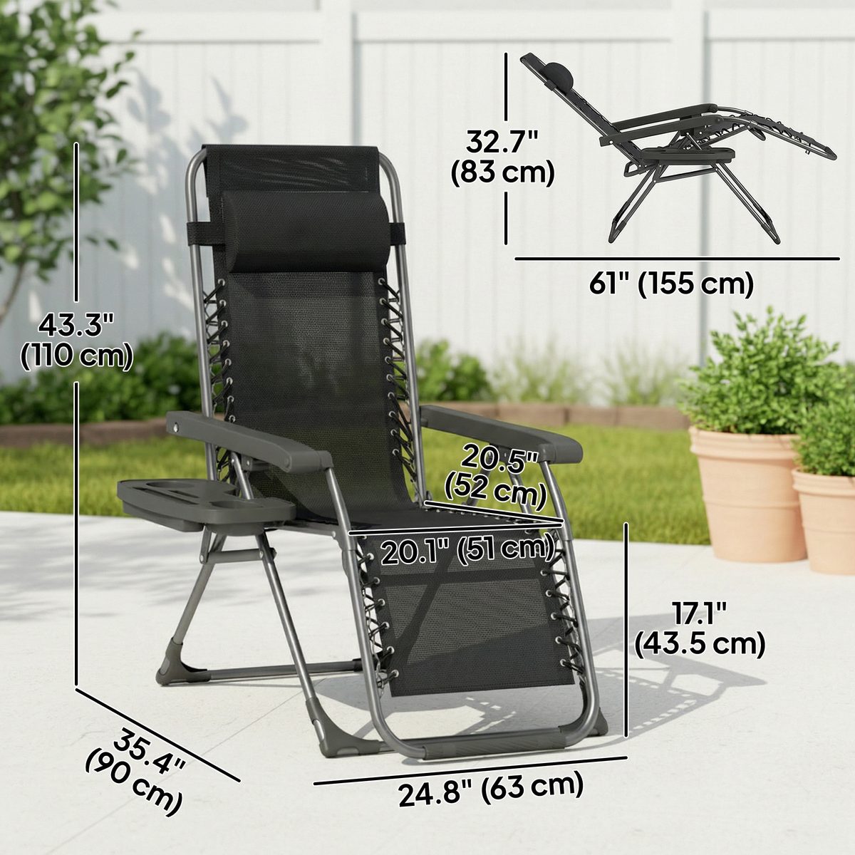  Zero Gravity Chair Set of 2, Folding Reclining Outdoor Lounge Chair with Cup Holder, Headrest, Black