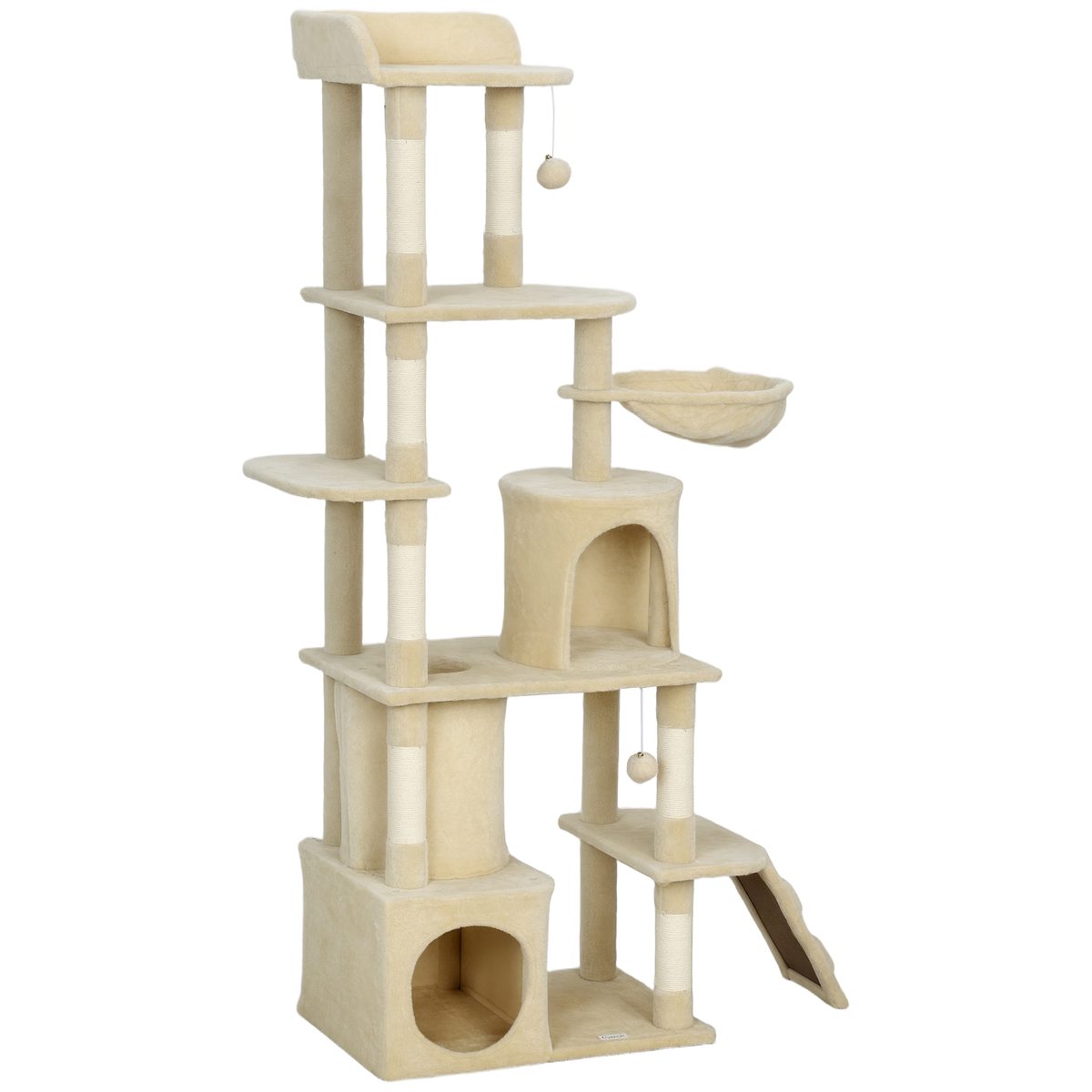  67" Large Cat Tree with 7 Scratching Posts, Tunnel, 2 Condos, Hammock, Perch, Ramp, Pompoms, Beige