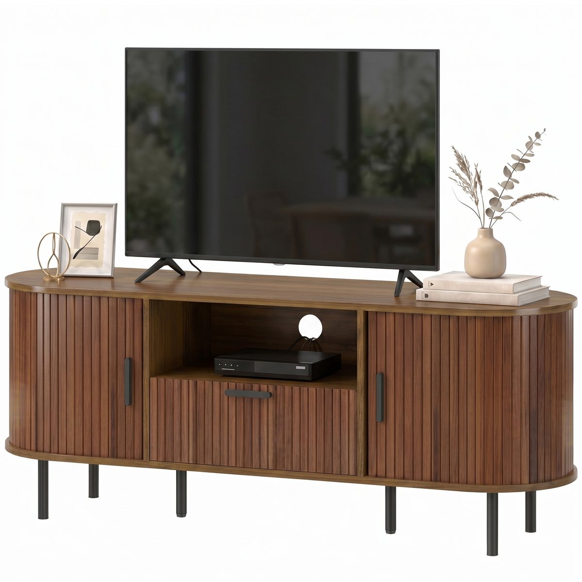  TV Stand for TVs up to 60", Modern Entertainment Center with Curved Sliding Doors and Storage, Brown