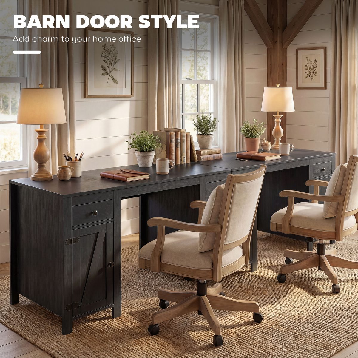  53" Farmhouse Executive Desk, Computer Desk with Drawers and 2 Cabinets, Study Table for Home Office, Black Wood Grain