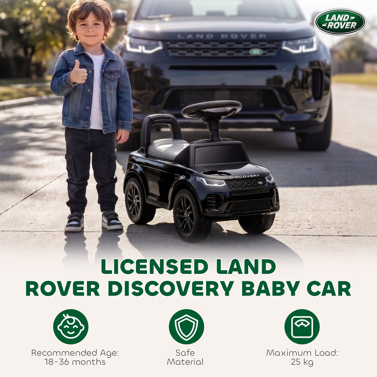 Qaba Licensed Land Rover Ride on Push Car with Anti-Tip Device, Under-Seat Storage, Horn, Engine Sounds for 18-36 M, Black