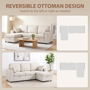  Modular Sectional Sofa Bed with Reversible Storage Ottoman, Pull Out Sleeper Sofa with Spring Cushion, Beige