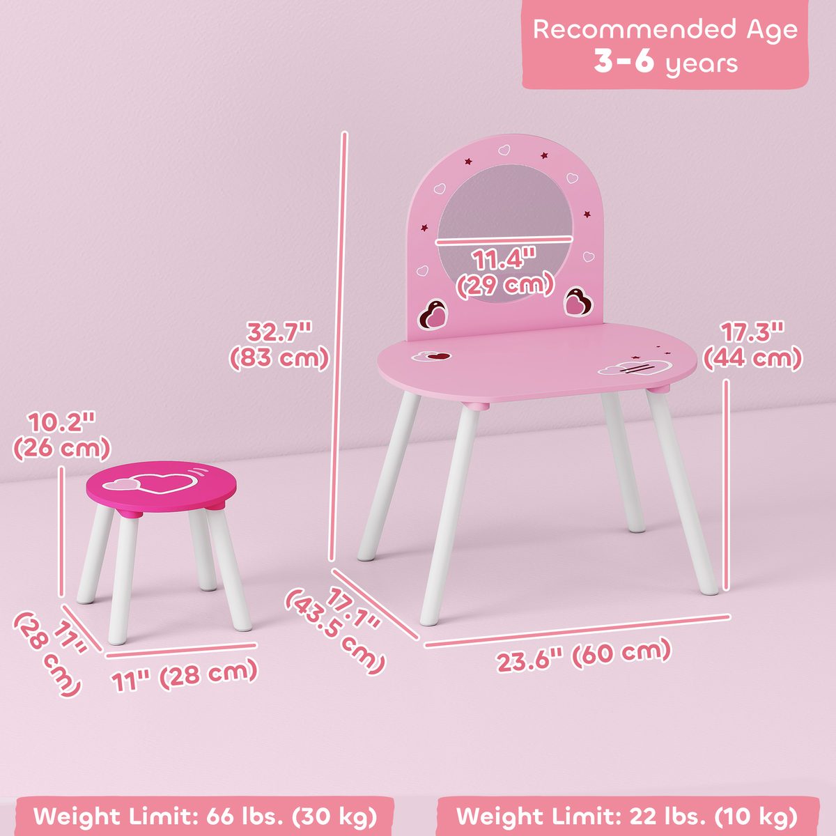 Qaba Kids Dressing Table with Mirror and Stool, Girls Vanity Set for Bedroom, Nursery, for Ages 3-6, Pink