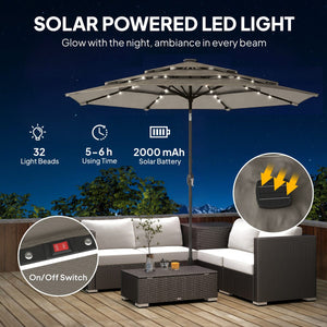  9.3 ft Patio Umbrella with Solar LED Lights, Cover, 3 Tier Outdoor Market Table Parasol with Tilt, Crank, Grey