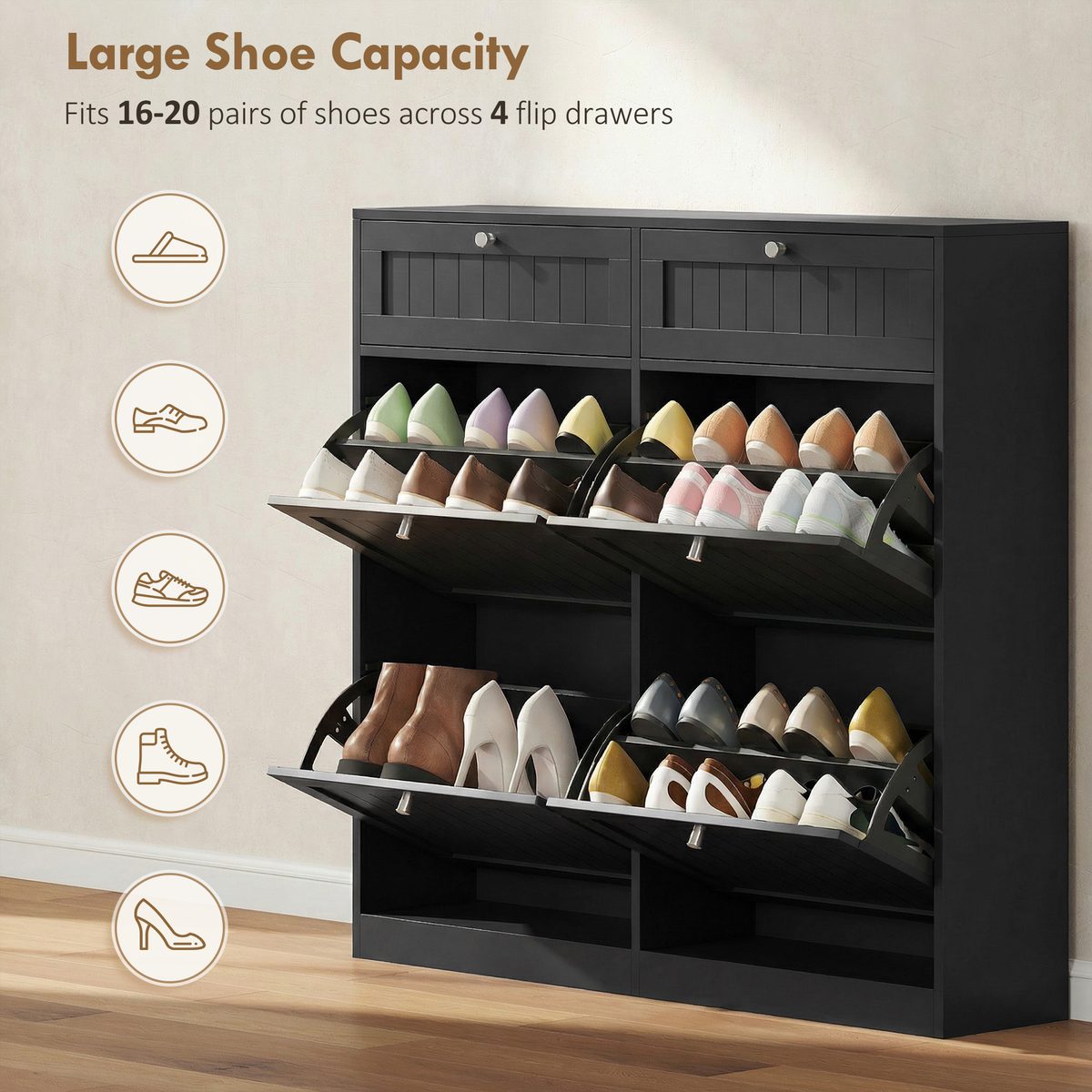  Shoe Cabinet with 2 Large Flip Drawers, Farmhouse Narrow Shoe Storage Cabinet with 2 Top Compartments, Black
