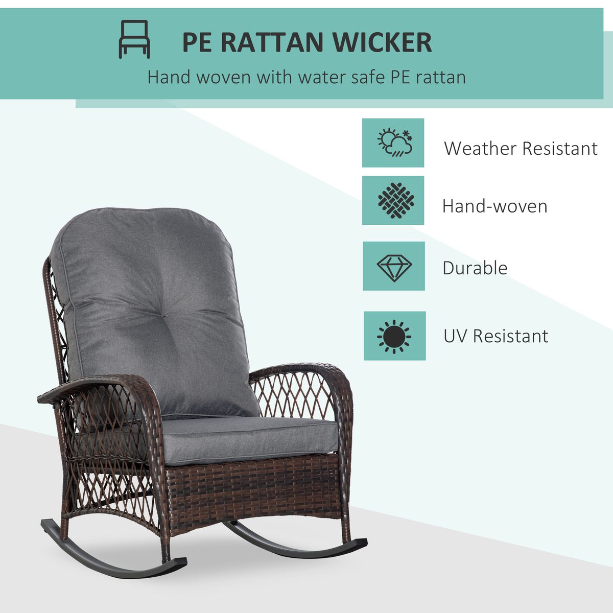 Rattan Rocking Chair, Outdoor Wicker Patio Rocker Chair Furniture with Thick Cushions, for Garden Backyard Porch, Grey