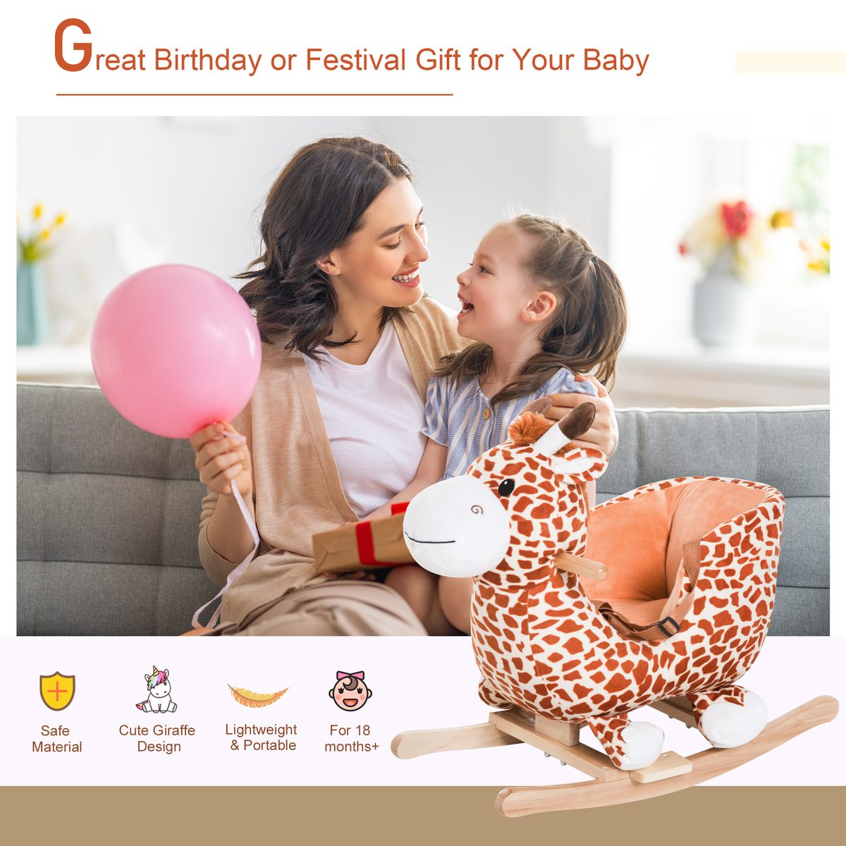 Qaba Wooden Plush Children Kids Rocking Horse Chair for Toddlers with Sound and Safety Belt, Giraffe Theme