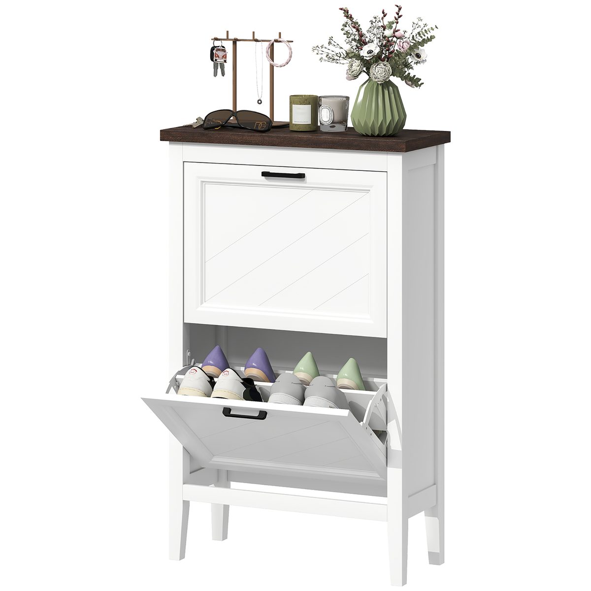  Shoe Cabinet with 2 Flip Drawers, Farmhouse Narrow Shoe Storage Cabinet with Adjustable Shelves, White