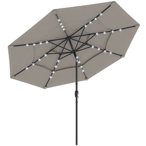  9.3 ft Patio Umbrella with Solar LED Lights, Cover, 3 Tier Outdoor Market Table Parasol with Tilt, Crank, Grey