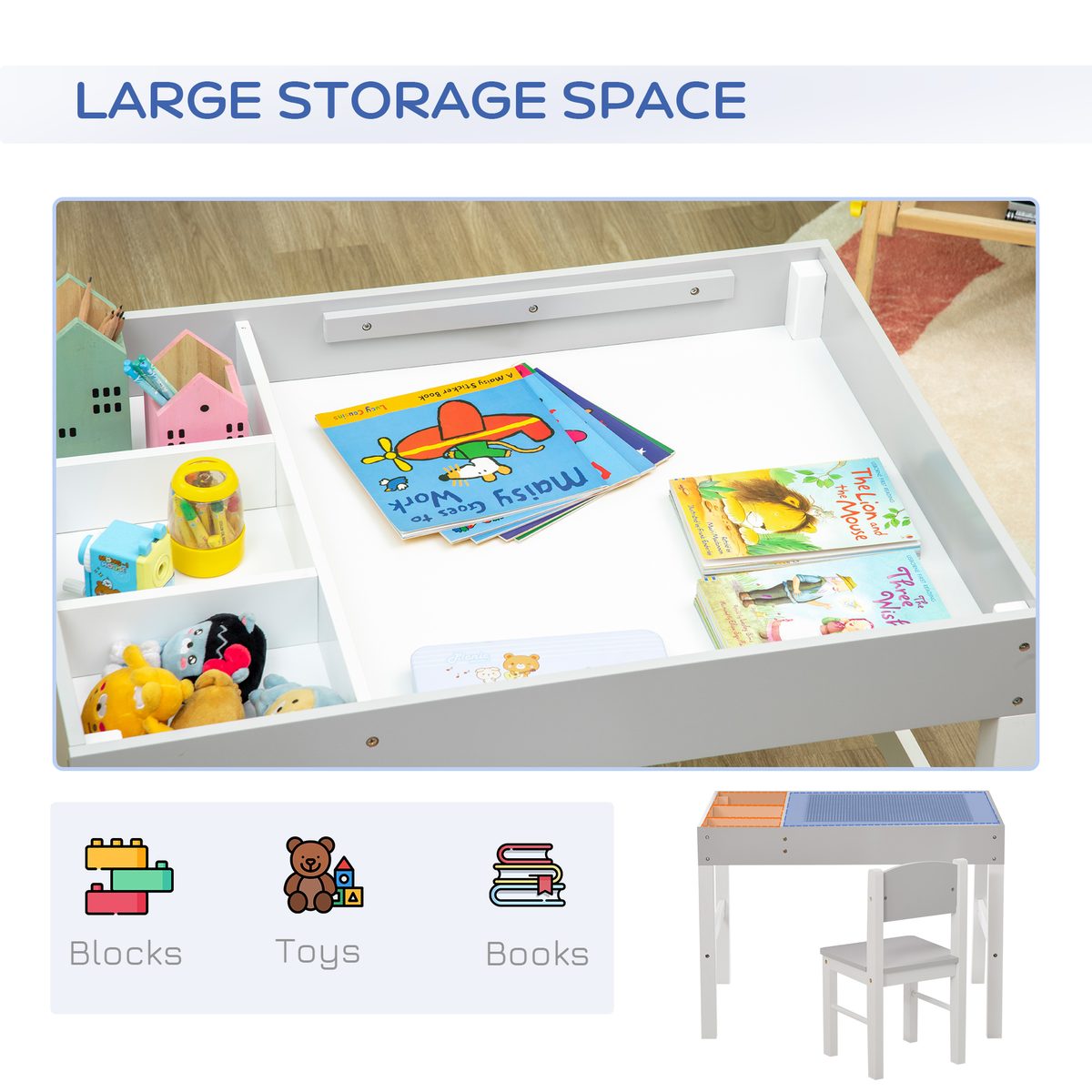 Qaba Lego Table with Storage for Kids, Multi-Usage Kids Table and Chair Set with Building Blocks Desktop, Grey