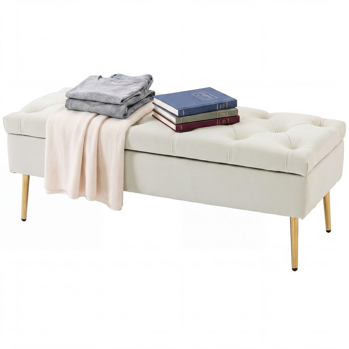  Upholstered Bedroom Bench with Gold Tone Metal Legs, Velvet Tufted and Thick Padding, Beige