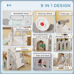 Qaba 9 in 1 Toddler Slide with Basketball Hoop, Climber, Telescope, Tunnel, Steering Wheel, for 1-3 Years, Grey
