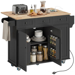  Kitchen Island on Wheels with Drop Leaf, Charging Station, Rolling Kitchen Cart with Wood Top, Adjustable Shelf, Black