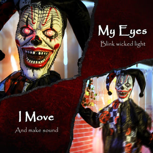  Life Size Halloween Animated Clown with Red Light Up Eyes, Sound Activated Scary Halloween Decorations, Battery Operated