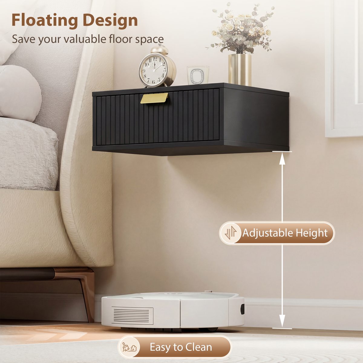  Modern Floating Nightstands Set of 2, Wall Mounted Bedside Tables with Wave Drawer Black