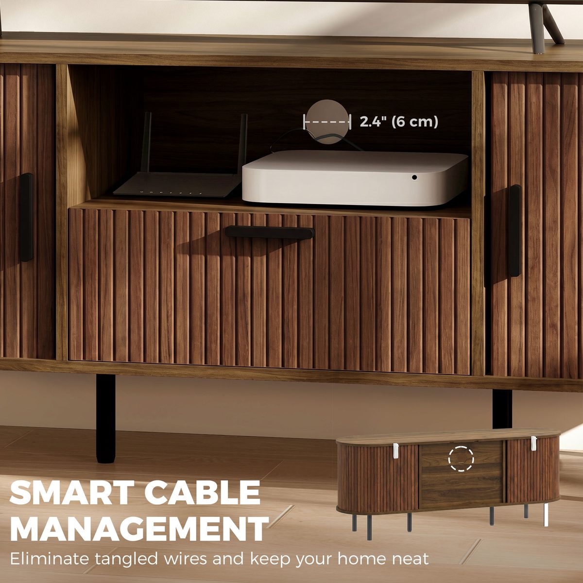  TV Stand for TVs up to 60", Modern Entertainment Center with Curved Sliding Doors and Storage, Brown