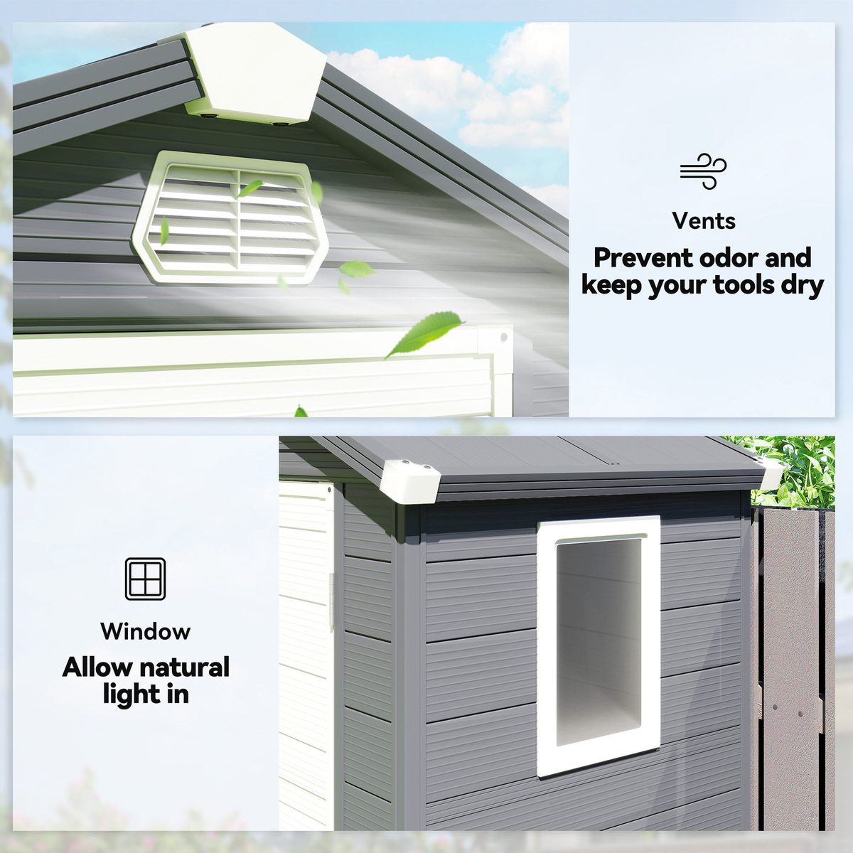  4.4' x 3.3' Plastic Garden Storage Shed with Latch Door, Vents, Sloped Roof, Grey
