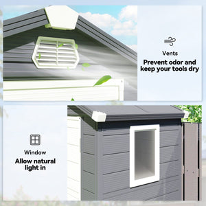  4.4' x 3.3' Plastic Garden Storage Shed with Latch Door, Vents, Sloped Roof, Grey