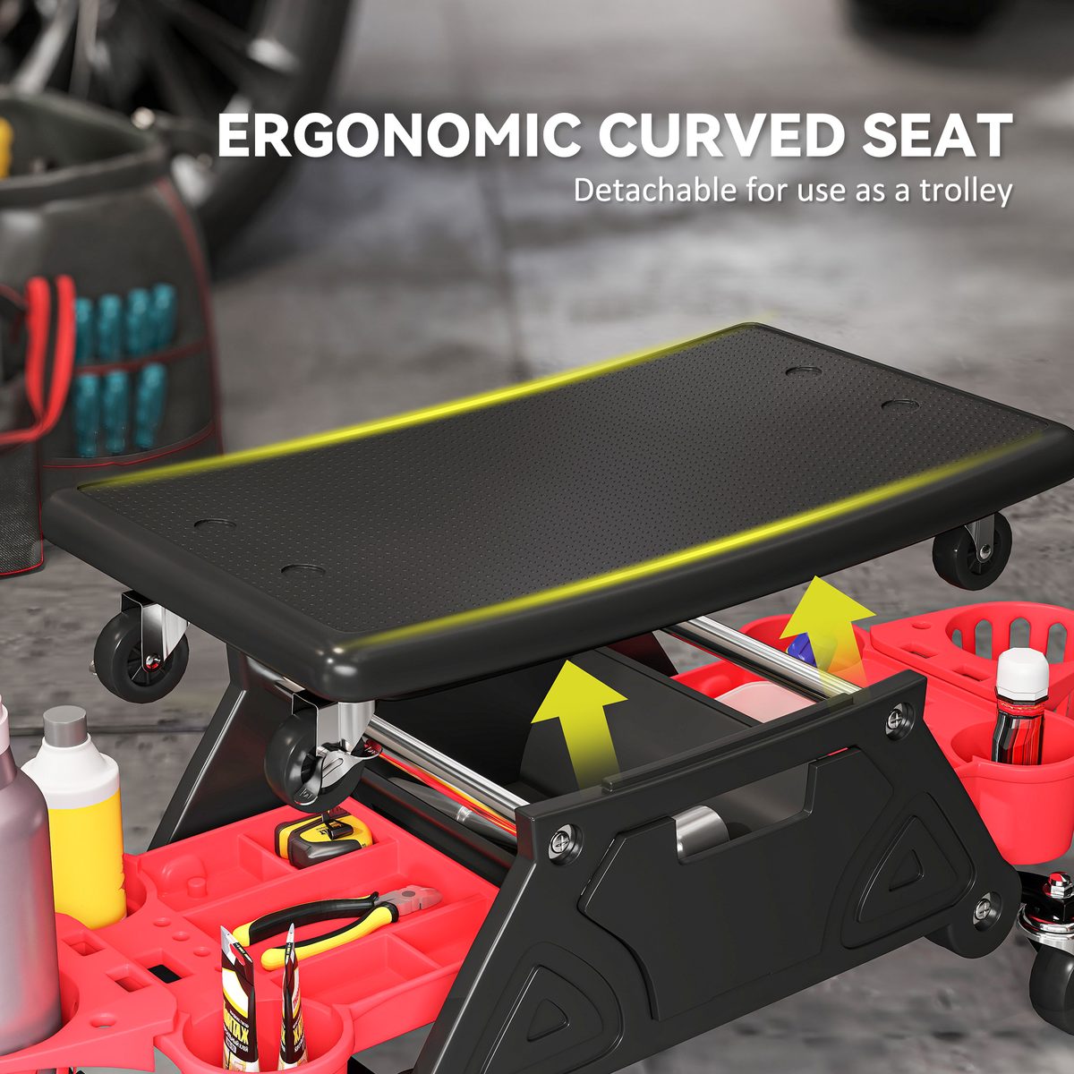  Rolling Garage Stool with Wheels, 300 LBS Capacity Padded Mechanic Stool with Tool Trays Storage, Black