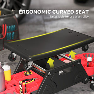  Rolling Garage Stool with Wheels, 300 LBS Capacity Padded Mechanic Stool with Tool Trays Storage, Black