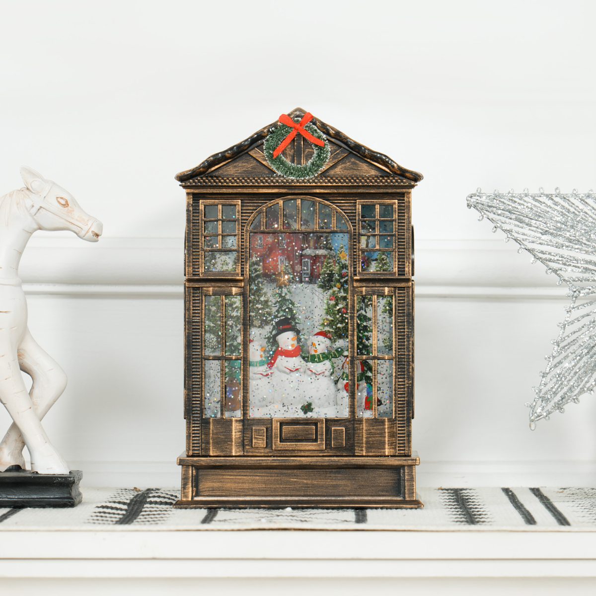 Musical Snow Globe with Lights, Christmas Snow Globe Lantern with Swirling Glitter for Holiday Party Gift, Bronze