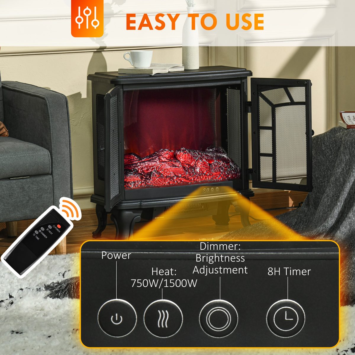  Electric Fireplace Heater, Freestanding Fireplace Stove with Realistic Flame Effect, Timer, Overheating Protection, 750W/1500W, Black