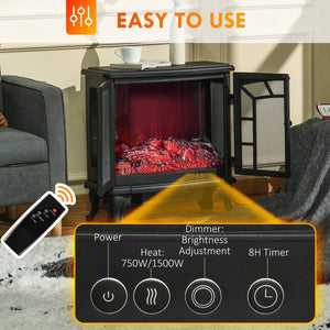 Electric Fireplace Heater, Freestanding Fireplace Stove with Realistic Flame Effect, Timer, Overheating Protection, 750W/1500W, Black